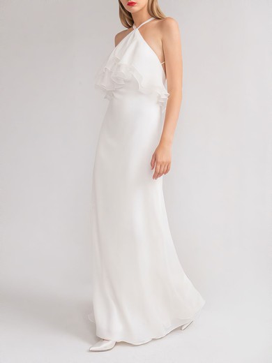 Sheath/Column Halter Chiffon Floor-length Wedding Dress With Ruffles #UKM00027904