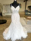 Trumpet/Mermaid V-neck Tulle Court Train Wedding Dress With Appliques Lace #UKM00027908