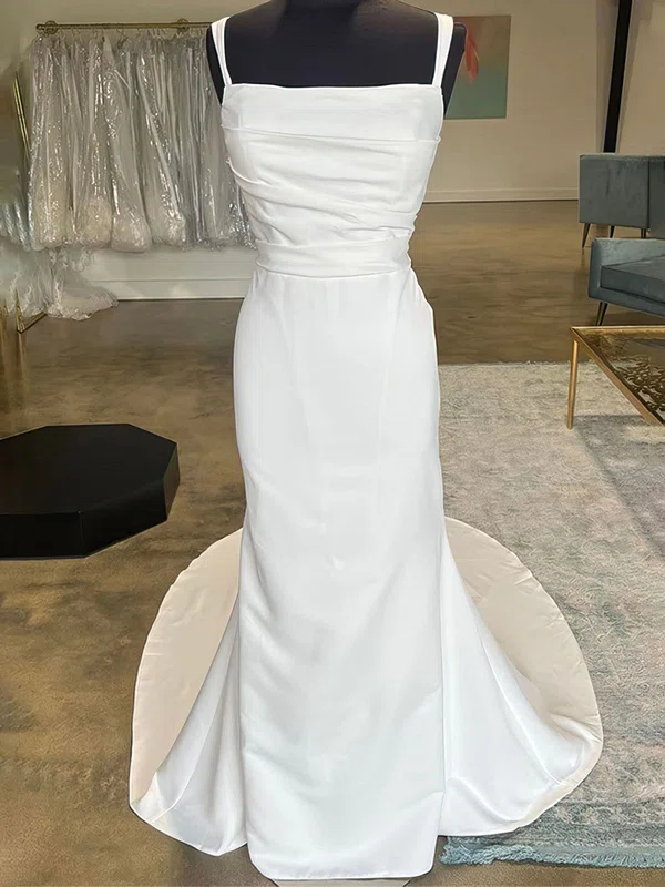 Trumpet/Mermaid Square Neckline Satin Court Train Wedding Dress With Ruched #UKM00027910