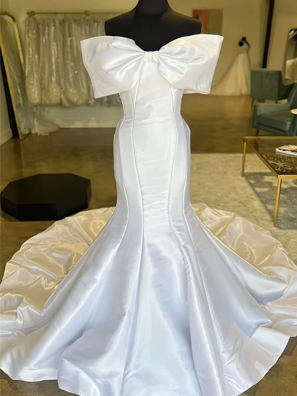 Trumpet/Mermaid Off-the-shoulder Satin Chapel Train Wedding Dress #UKM00027917