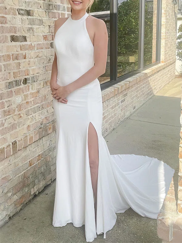 Sheath/Column Halter Chiffon Sweep Train Wedding Dress With Split Front #UKM00027918