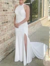 Sheath/Column Halter Chiffon Sweep Train Wedding Dress With Split Front #UKM00027918
