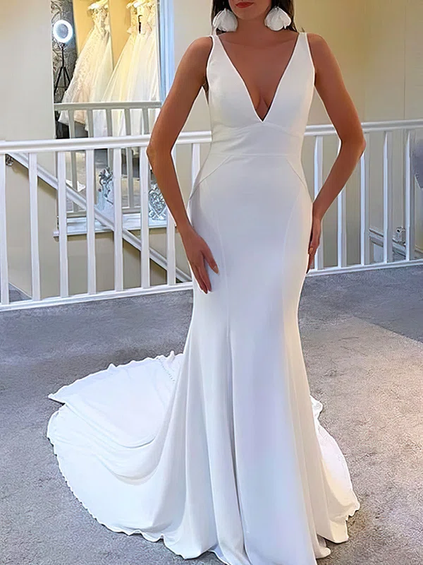 Trumpet/Mermaid V-neck Stretch Crepe Court Train Wedding Dress #UKM00027921