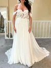 A-line Off-the-shoulder Chiffon Sweep Train Wedding Dress With Appliques Lace #UKM00027923