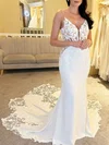 Trumpet/Mermaid V-neck Stretch Crepe Sweep Train Wedding Dress With Appliques Lace #UKM00027928