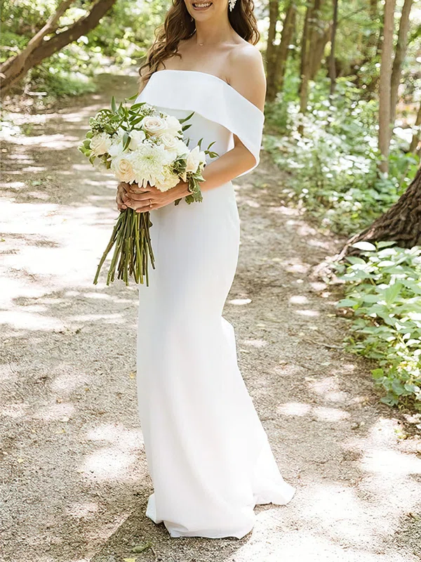 Sheath/Column Off-the-shoulder Stretch Crepe Sweep Train Wedding Dress #UKM00027931