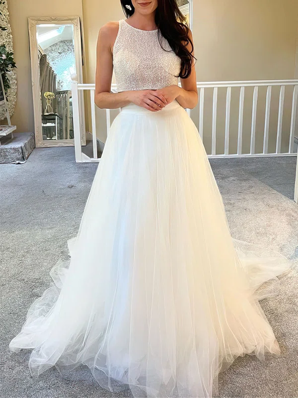 Ball Gown/Princess Scoop Neck Tulle Sequin Sweep Train Wedding Dress #UKM00027932