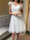 A-line Asymmetrical Neck Tulle Knee-length Wedding Dress With Feathers #UKM00027933