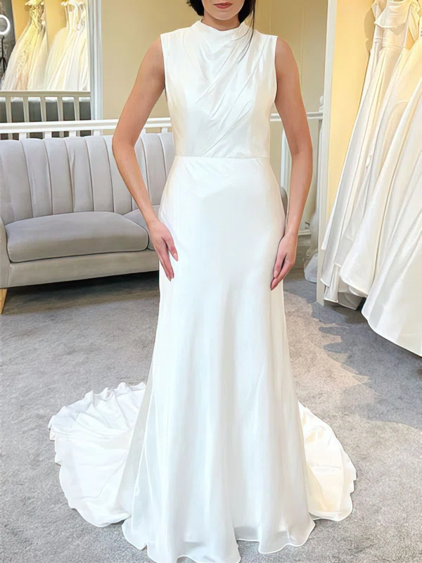 Sheath/Column High Neck Satin Chiffon Sweep Train Wedding Dress #UKM00027934