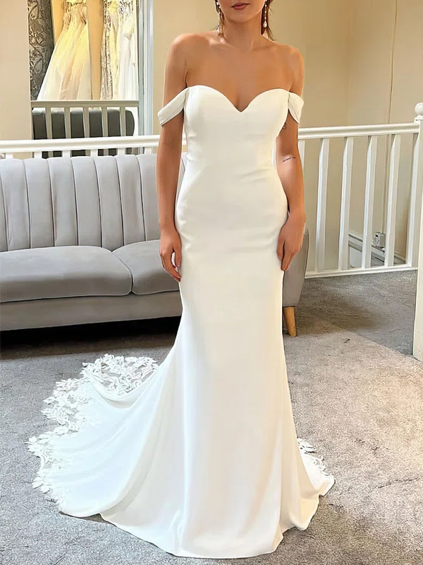 Trumpet/Mermaid Off-the-shoulder Stretch Crepe Court Train Wedding Dress With Appliques Lace #UKM00027935