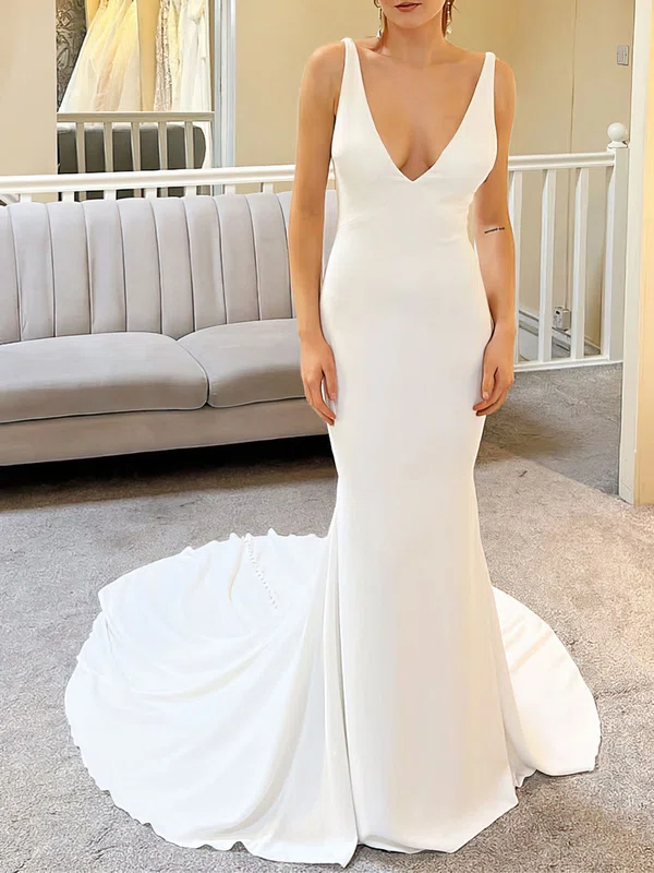 Trumpet/Mermaid V-neck Stretch Crepe Court Train Wedding Dress #UKM00027937