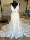 Trumpet/Mermaid V-neck Tulle Court Train Wedding Dress With Appliques Lace #UKM00027948