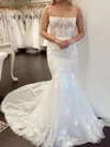 Trumpet/Mermaid Square Neckline Glitter Tulle Court Train Wedding Dress With Appliques Lace #UKM00027950