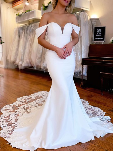 Trumpet/Mermaid Off-the-shoulder Satin Sweep Train Wedding Dress With Appliques Lace #UKM00027956