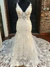 Trumpet/Mermaid V-neck Tulle Court Train Wedding Dress With Appliques Lace #UKM00027957