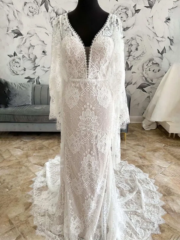 Sheath/Column V-neck Lace Court Train Wedding Dress #UKM00027959