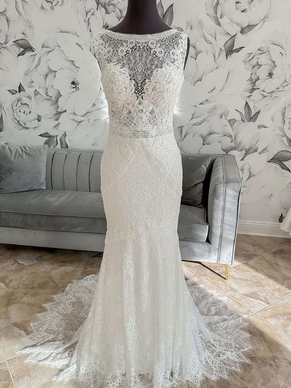 Trumpet/Mermaid Illusion Lace Sweep Train Wedding Dress #UKM00027960