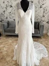 Sheath/Column V-neck Lace Sweep Train Wedding Dress #UKM00027961