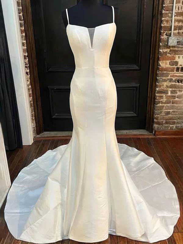 Trumpet/Mermaid V-neck Satin Court Train Wedding Dress #UKM00027963