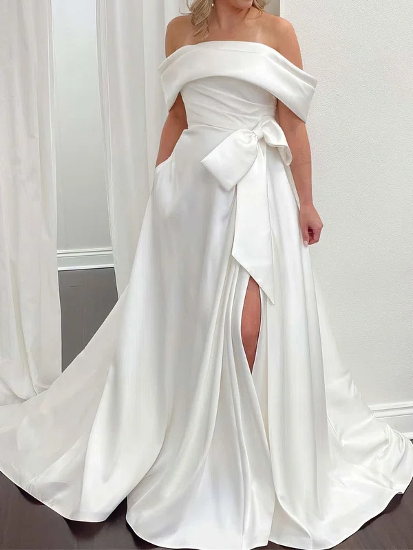 Ball Gown/Princess Off-the-shoulder Satin Sweep Train Wedding Dress With Bow #UKM00027964