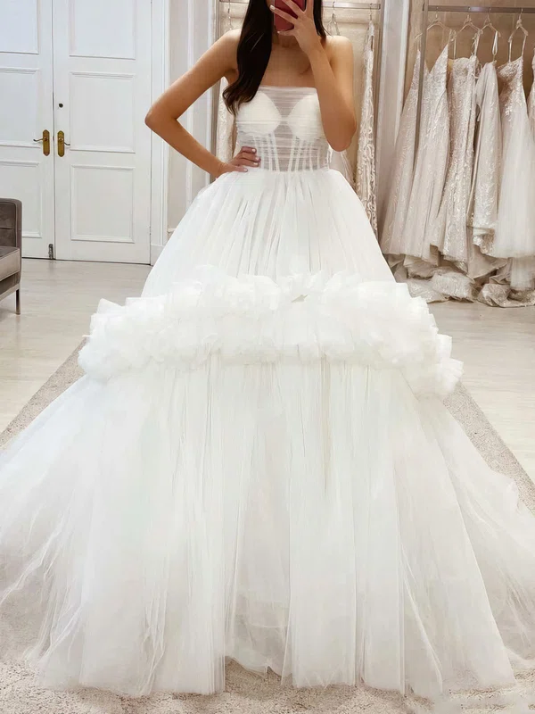 Ball Gown/Princess Straight Tulle Sweep Train Wedding Dress With Ruched #UKM00027965