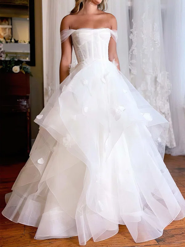 Ball Gown/Princess Off-the-shoulder Tulle Floor-length Wedding Dress With Tiered #UKM00027968