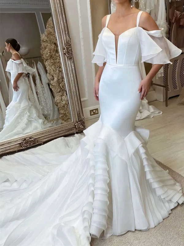 Trumpet/Mermaid V-neck Organza Chapel Train Wedding Dress With Cascading Ruffles #UKM00027969