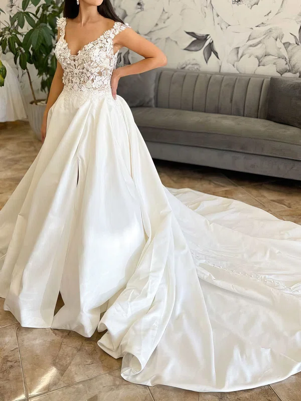 Ball Gown/Princess V-neck Satin Cathedral Train Wedding Dress With Appliques Lace #UKM00027973