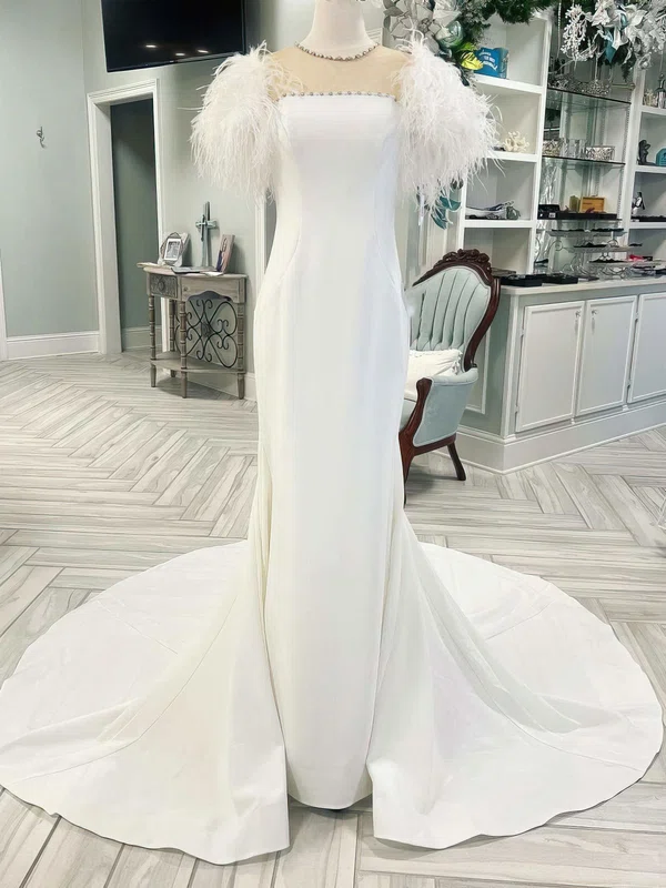 Sheath/Column Illusion Stretch Crepe Chapel Train Wedding Dress With Feathers #UKM00027975