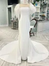Sheath/Column Illusion Stretch Crepe Chapel Train Wedding Dress With Feathers #UKM00027975