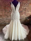 Trumpet/Mermaid V-neck Glitter Tulle Court Train Wedding Dress With Appliques Lace #UKM00027978