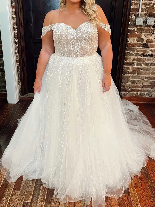 Ball Gown/Princess Off-the-shoulder Tulle Court Train Wedding Dress With Beading #UKM00027980