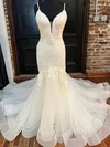 Trumpet/Mermaid V-neck Tulle Court Train Wedding Dress With Appliques Lace #UKM00027981