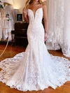 Trumpet/Mermaid V-neck Lace Tulle Court Train Wedding Dress With Appliques Lace #UKM00027982