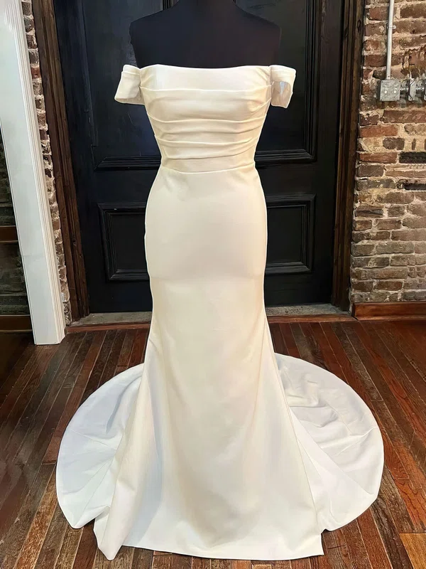 Trumpet/Mermaid Off-the-shoulder Satin Court Train Wedding Dress With Ruched #UKM00027986