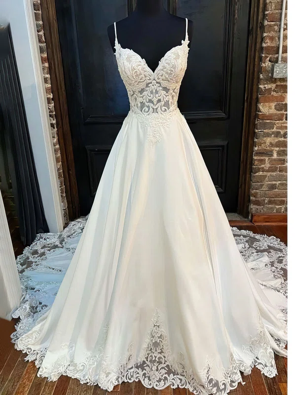 Ball Gown/Princess V-neck Satin Court Train Wedding Dress With Appliques Lace #UKM00027990