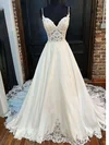 Ball Gown/Princess V-neck Satin Court Train Wedding Dress With Appliques Lace #UKM00027990
