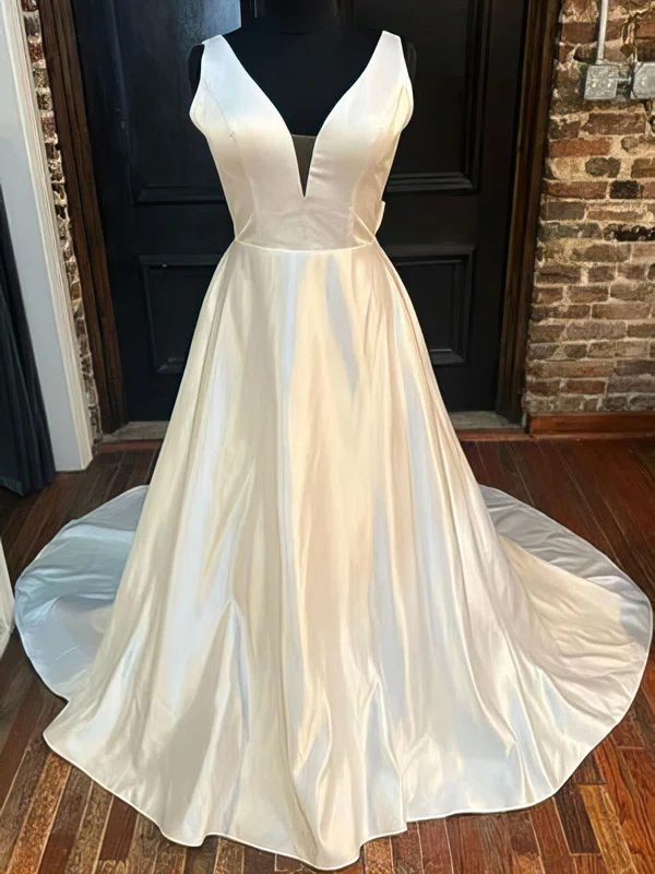 Ball Gown/Princess V-neck Satin Sweep Train Wedding Dress With Bow #UKM00027992