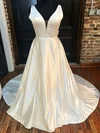 Ball Gown/Princess V-neck Satin Sweep Train Wedding Dress With Bow #UKM00027992