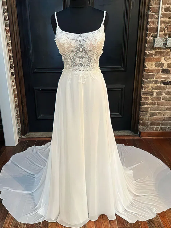 A-line Square Neckline Chiffon Court Train Wedding Dress With Lace #UKM00027993