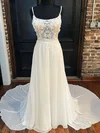 A-line Square Neckline Chiffon Court Train Wedding Dress With Lace #UKM00027993