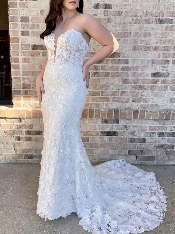 Trumpet/Mermaid Sweetheart Lace Sweep Train Wedding Dress #UKM00027995