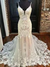 Trumpet/Mermaid V-neck Tulle Court Train Wedding Dress With Appliques Lace #UKM00028011