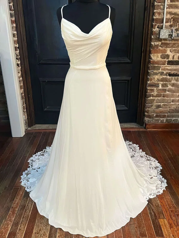 Ball Gown/Princess Cowl Neck Satin Court Train Wedding Dress With Appliques Lace #UKM00028012