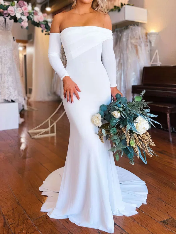 Trumpet/Mermaid Off-the-shoulder Jersey Sweep Train Wedding Dress With Ruched #UKM00028029