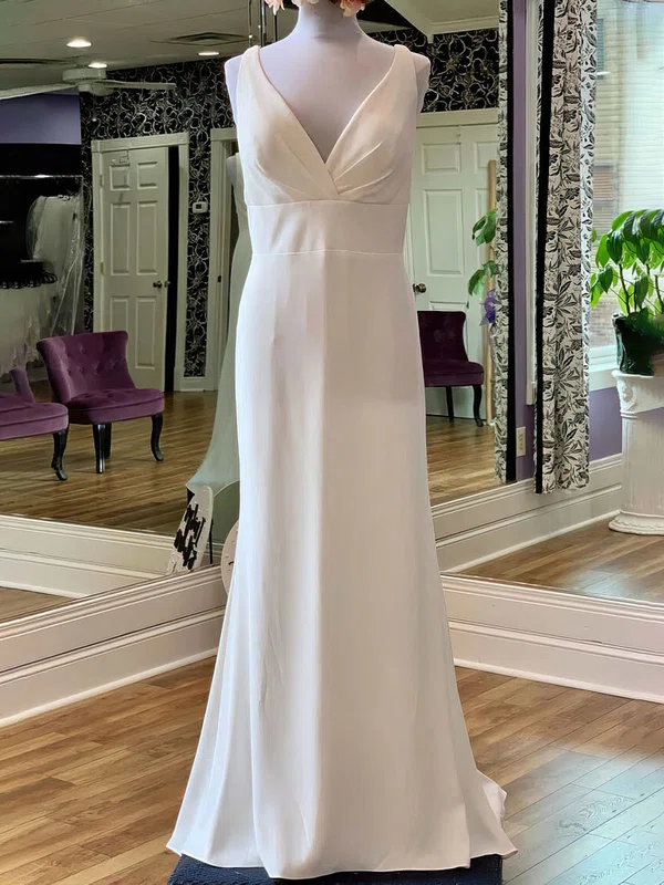 Sheath/Column V-neck Satin Sweep Train Wedding Dress With Ruched #UKM00028031