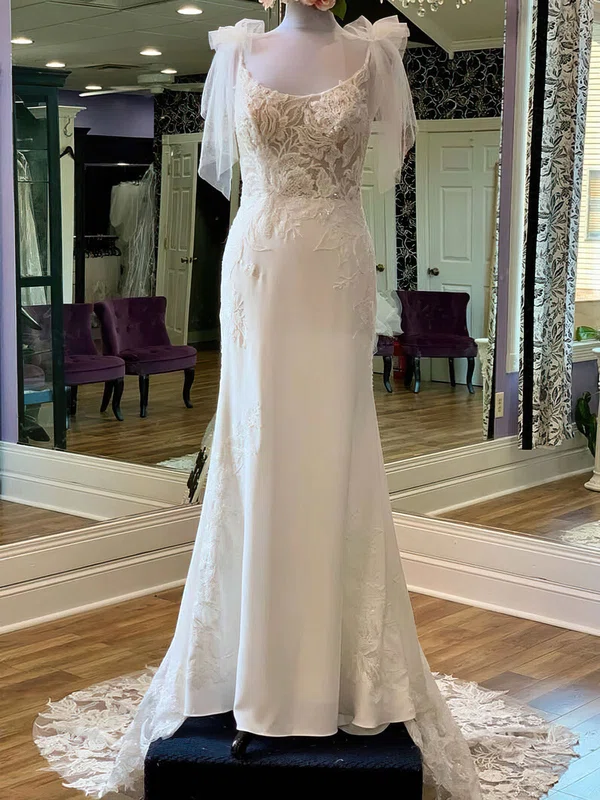 Sheath/Column Scoop Neck Stretch Crepe Court Train Wedding Dress With Appliques Lace #UKM00028033