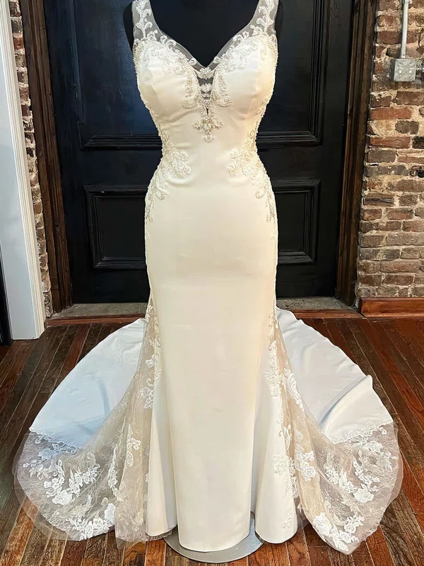 Trumpet/Mermaid V-neck Stretch Crepe Court Train Wedding Dress With Beading #UKM00028035