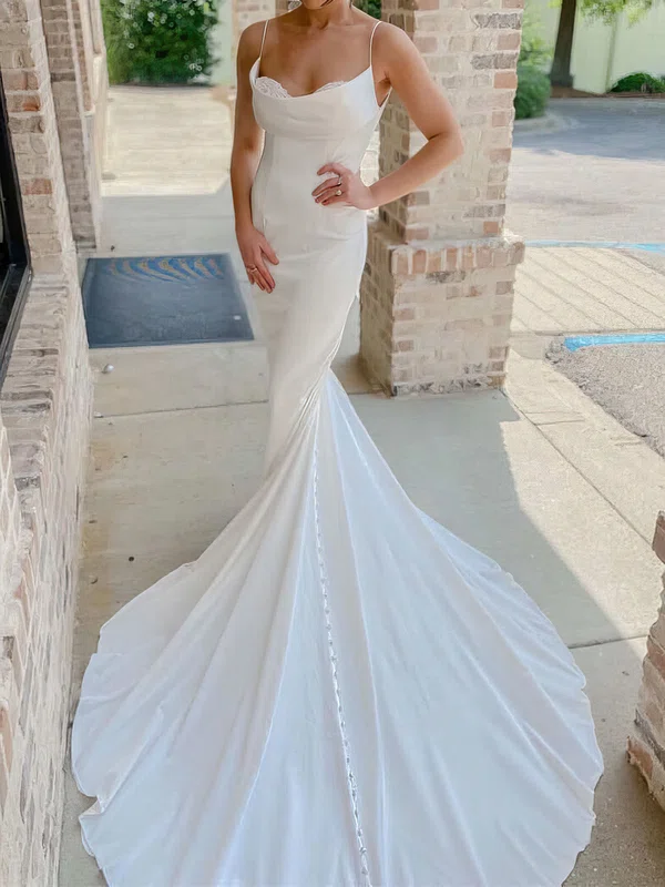 Trumpet/Mermaid Cowl Neck Stretch Crepe Court Train Wedding Dress With Lace #UKM00028037