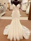Trumpet/Mermaid V-neck Tulle Sweep Train Wedding Dress With Appliques Lace #UKM00028043